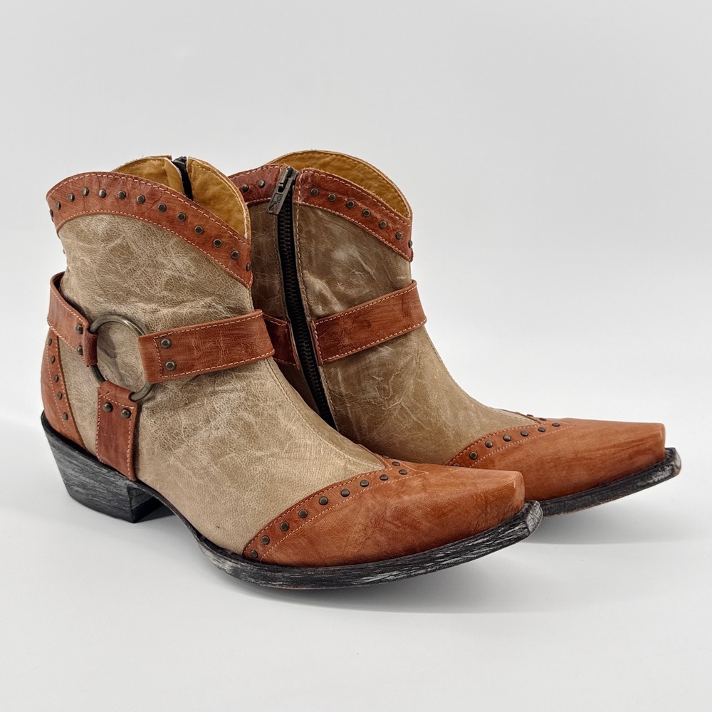 Old Gringo Womens 9.5 B Studded Harness Western‎ Ankle Boots Tan Leather 1899-3
